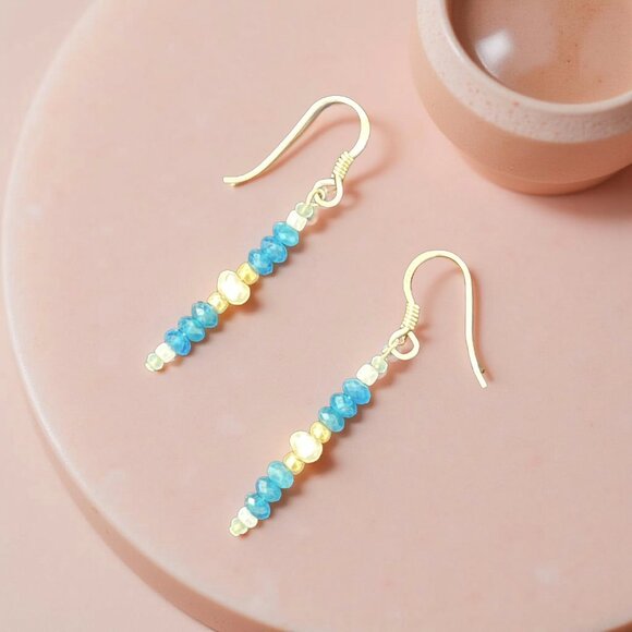 Dainty Blue Apatite & Pearl Earrings • Amazonite • 925 Sterling Silver Handmade - Picture 8 of 9